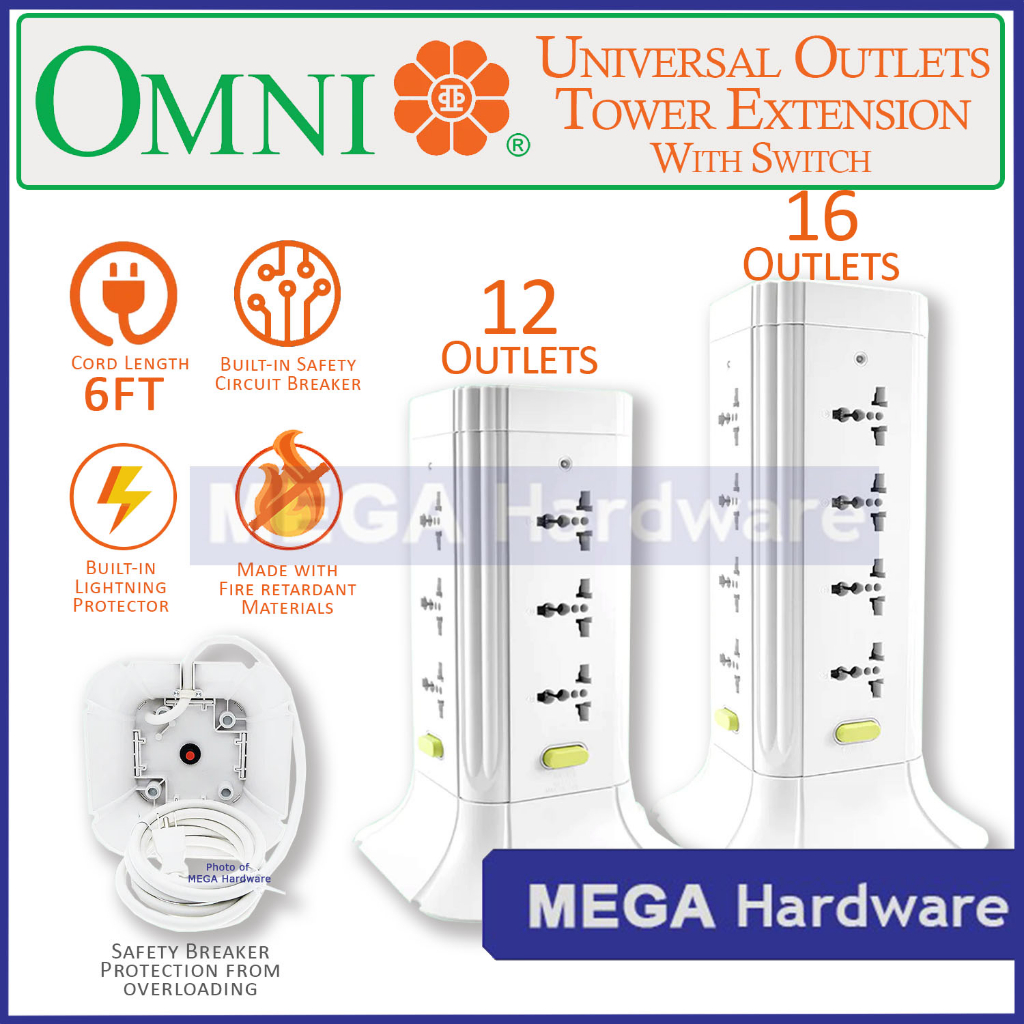 Omni Universal Outlets Tower Extension Cord Gang Gang With Power