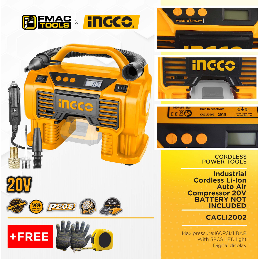 INGCO Industrial Cordless Li Ion Auto Air Compressor CACLI2002 20V NO