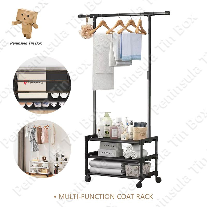 Multi Function Coat Rack Garment Rack Removable Wheels Three Tier Shelf