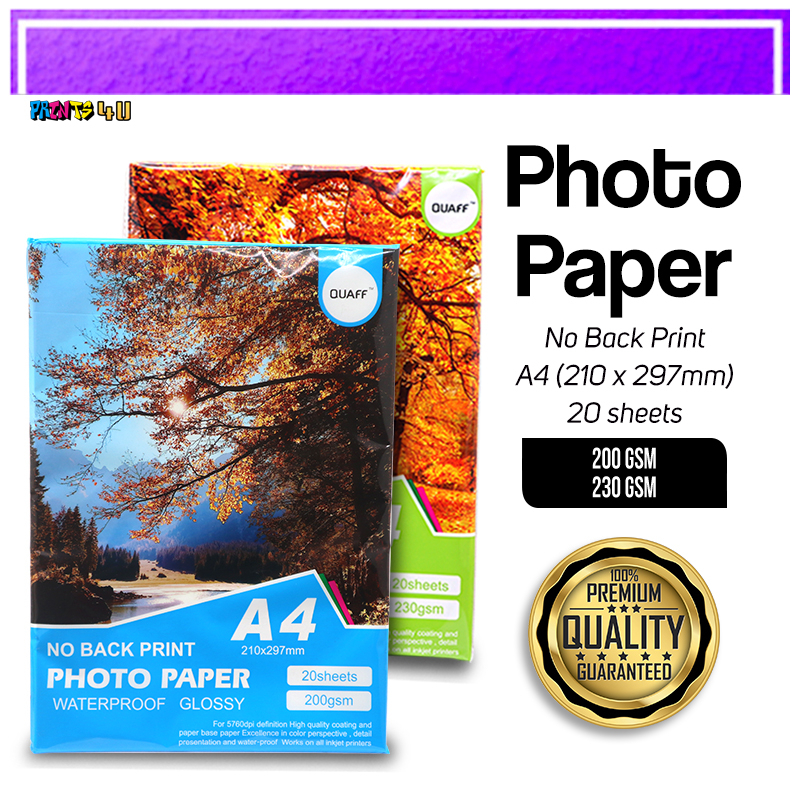 Quaff No Back Print Photo Paper Inkjet Glossy A4 Size 200gsm 230gsm