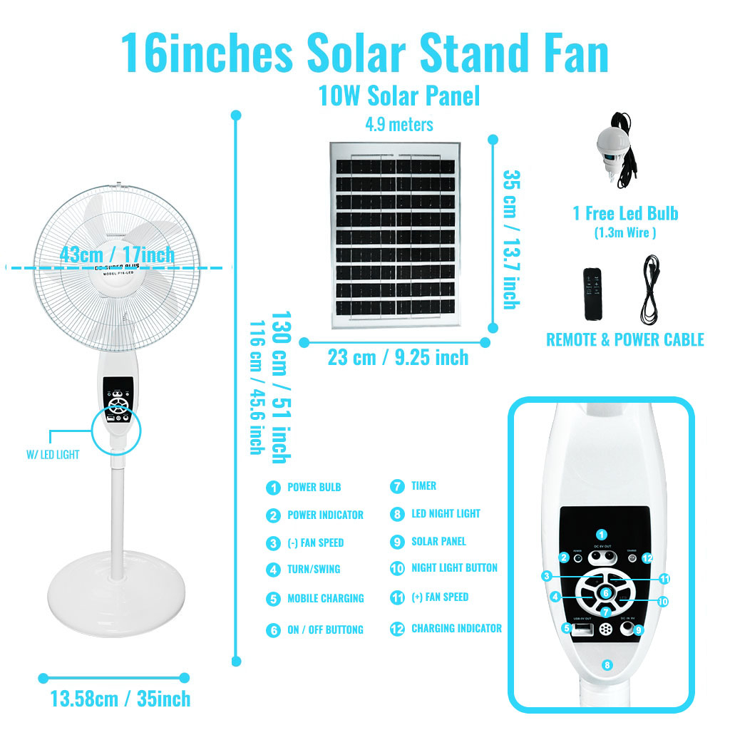 S C Inch Ac Dc Dual Power Rechargeable Stand Fan Solar Fan With Led