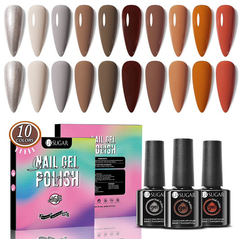 UR SUGAR 10 Bottles Gel Nail Polish Set Nude Pink Glitter Base Top Coat