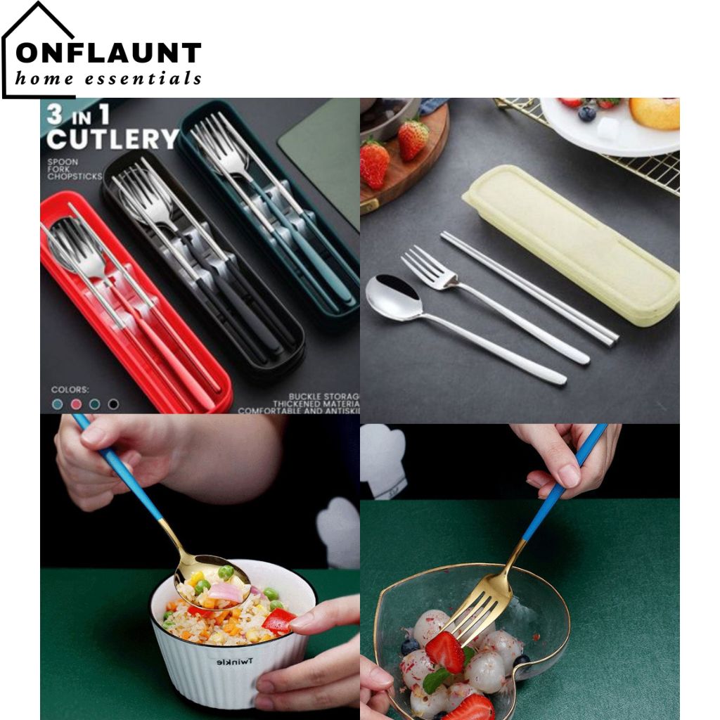 OnFlaunt 3in1 Cutlery Set Fork Spoon Chopsticks Stainless Steel