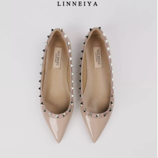 LINNEIYA Valentino Flat Heel Sheepskin Nude Studded Pointed Patent