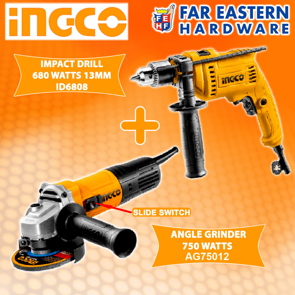 INGCO COMBO Angle Grinder 750W AG75012 Impact Hammer Drill 680W