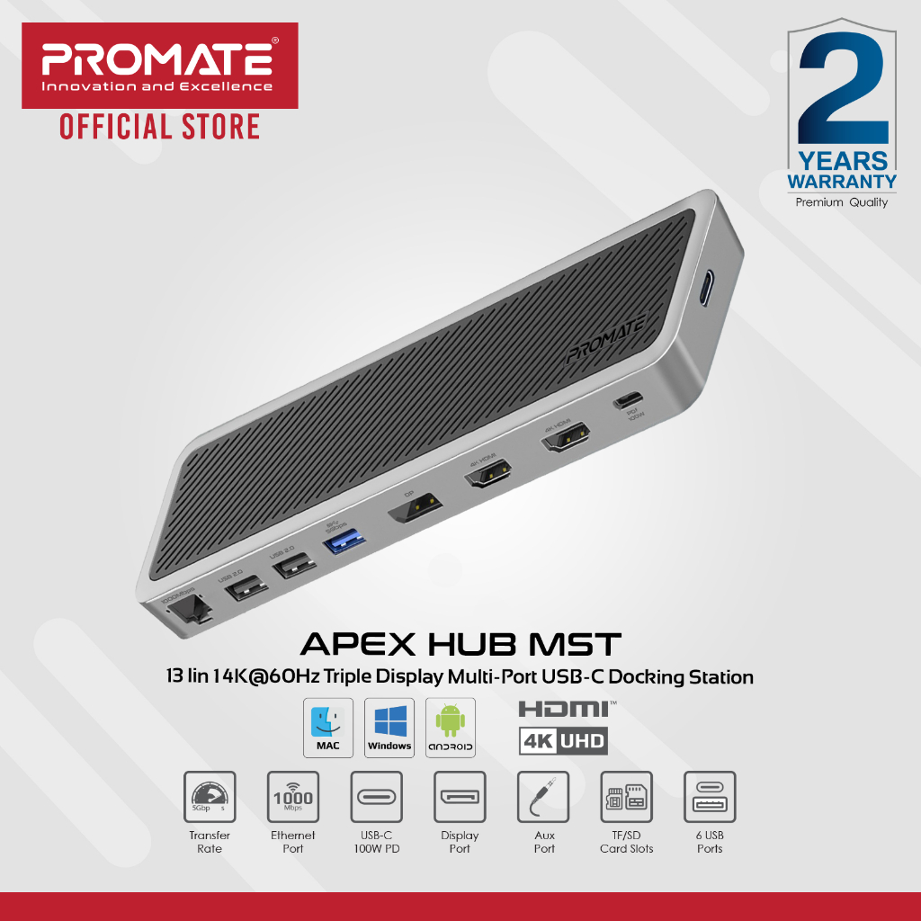 Promate Apexhub Mst In K Hz Triple Display Multi Port Usb C