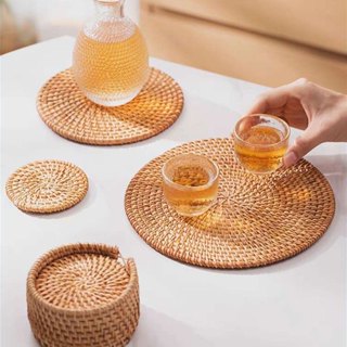 Rattan Weave Coaster Cup Mat Round Heat Insulation Placemat Coffee Tea