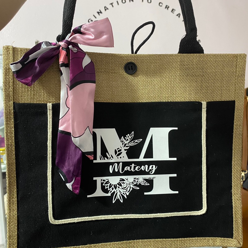 Customized Burlap Bag With Twilly Personalized Jute Abaca Tote Bag