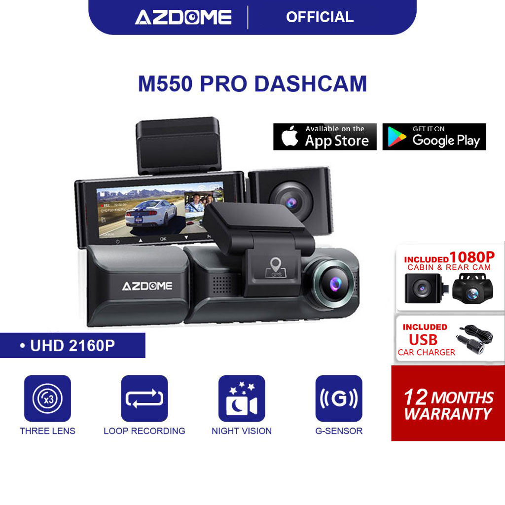 AZDOME M550 Pro 64G 4K Ultra HD 3 Channel Dash Cam Night App Control