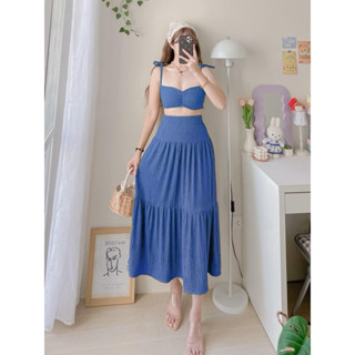 Padded Bikini Top Maxi Skirt Bark Crepe Terno Coordinates Womens Casual Beach Summer Outfit