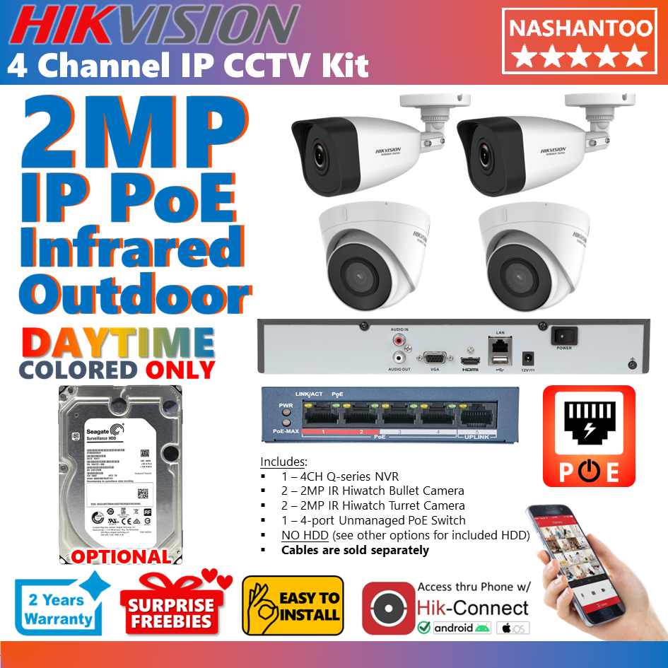 HIKVISION 4Channel 2MP IR PoE Hiwatch Outdoor 4Cameras 2 Bullet 2