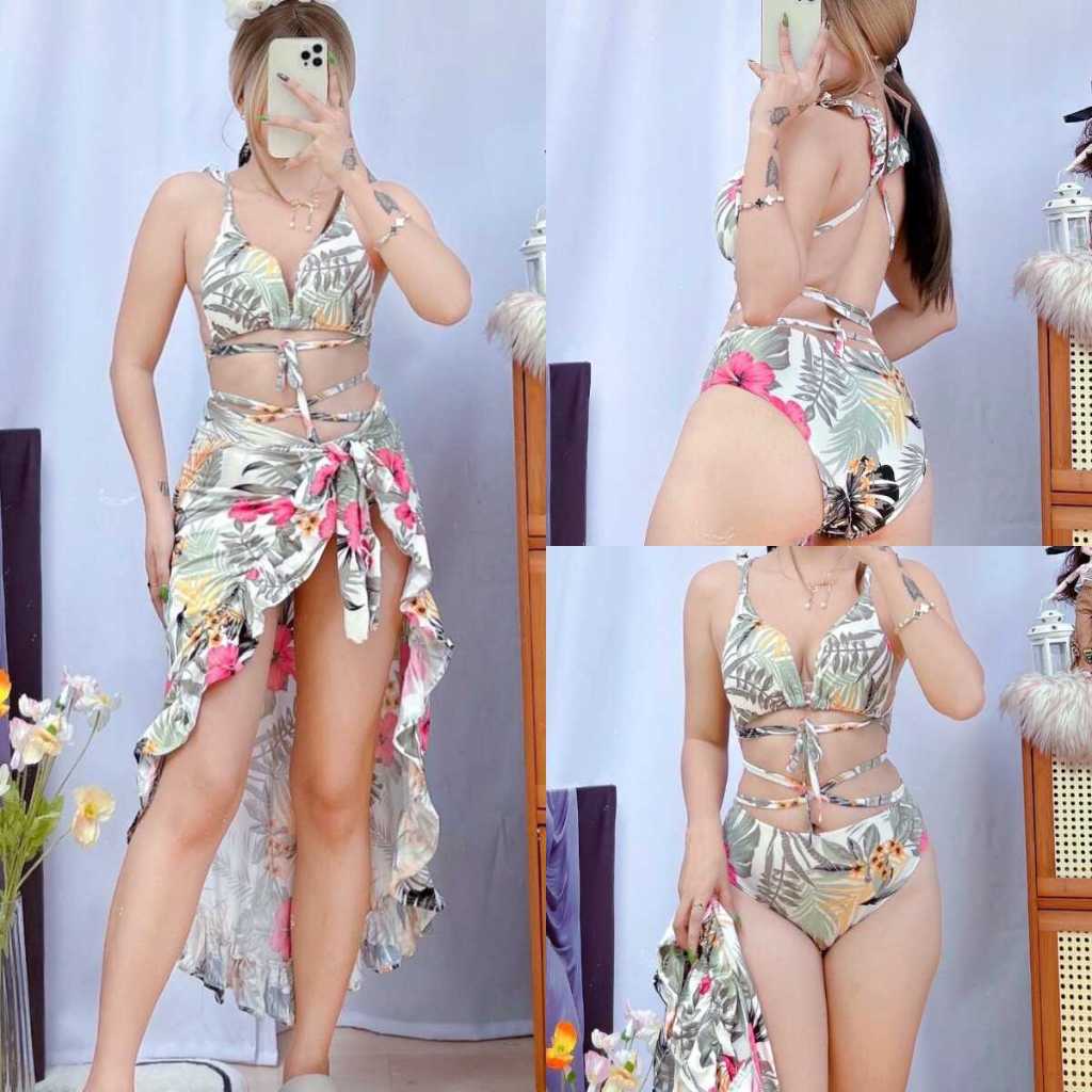 Summer Beach Sexy Split Skirt Three Piece 3in1 Bikini Swimsuit Swimwear