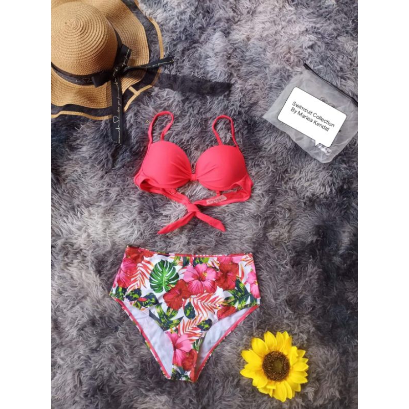 Pink Red Push Up Floral Highwaist Bikini Shopee Philippines