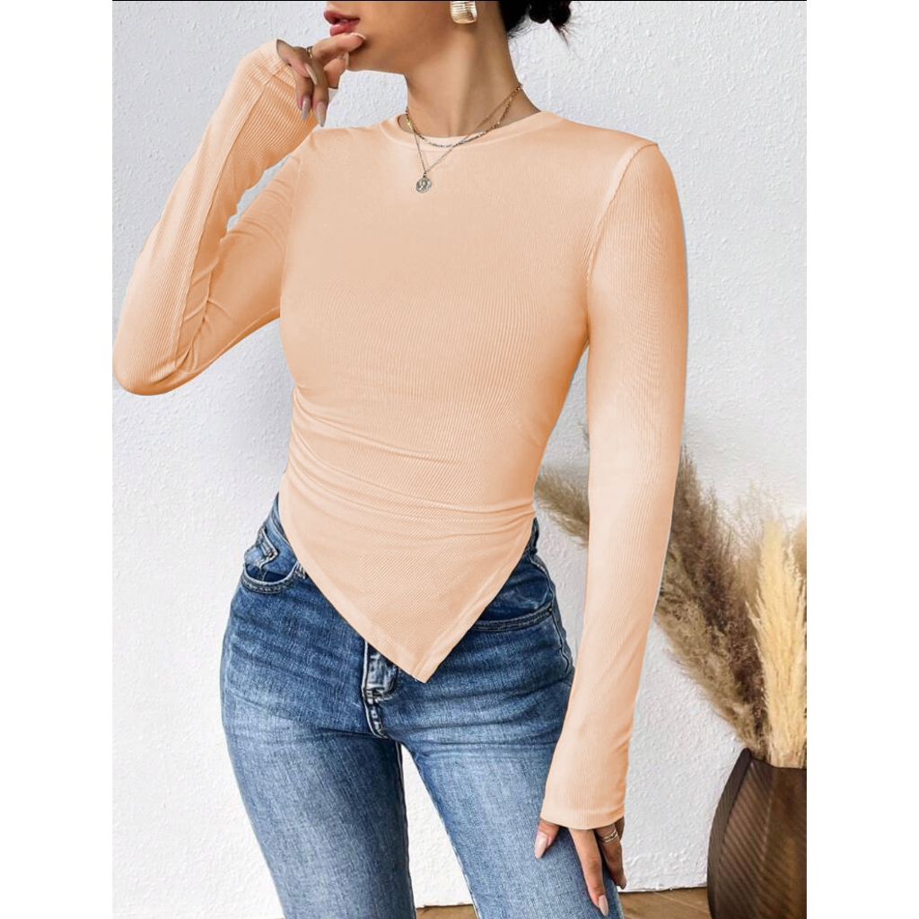 Angelcity Long Sleeve Tops Asymmetrical Hanky Tee Roung Neck Korean