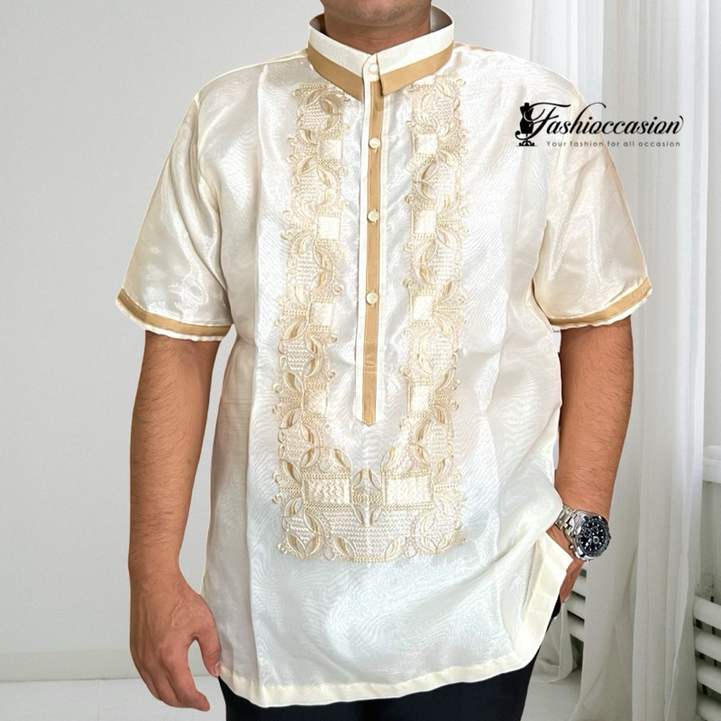 Modern Barong Tagalog Short Sleeve W Mocca Piping Sports Collar