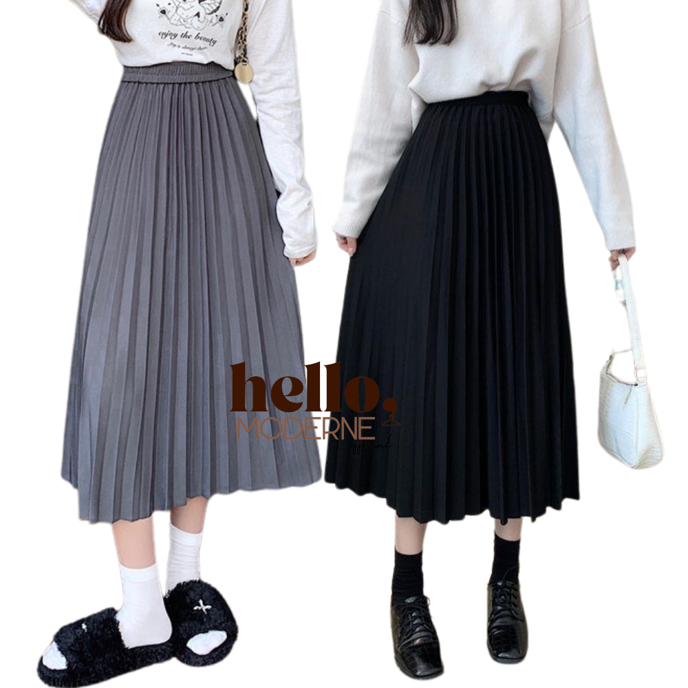 Hello Moderne High Waist Plain Pleated Skirt Full Gartered A Line Long