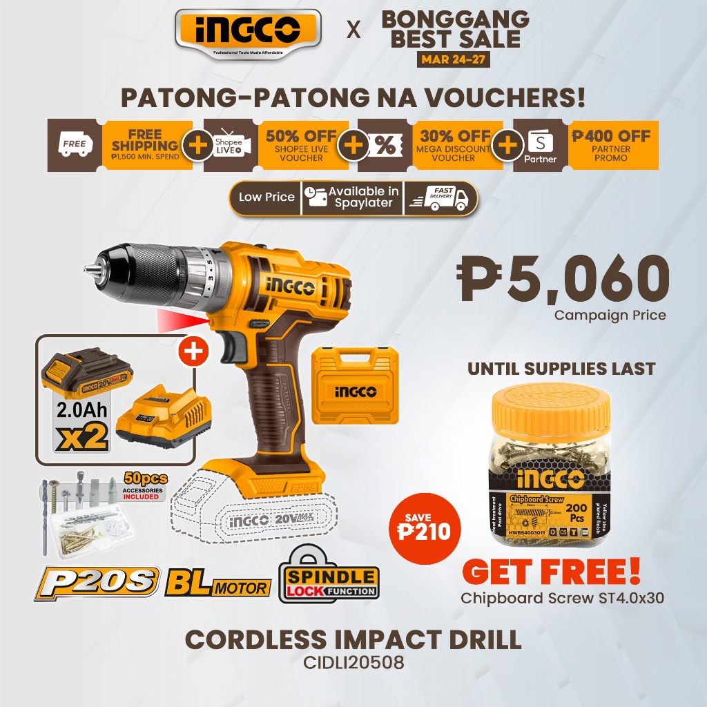 INGCO 20V Lithium Ion Brushless Impact Drill CIDLI20508 ICPT Shopee