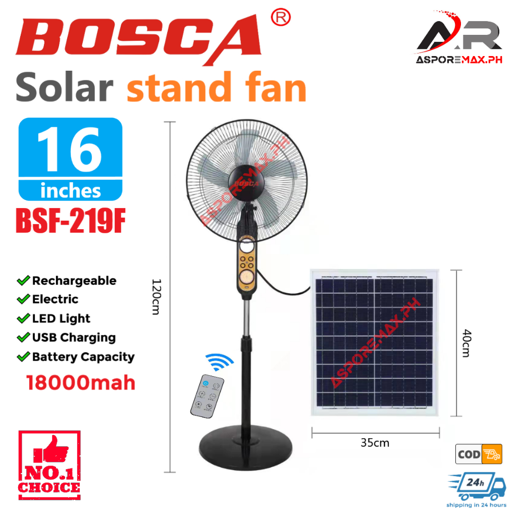 BOSCA Solar Stand Fan 16 Inches With 5 Blades 3 Speeds Solar Electric