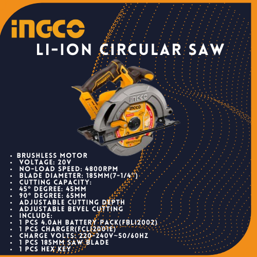 INGCO LI ION CIRCULAR SAW 20V CSLI18511 CORDLESS TOOLS INDUSTRIAL