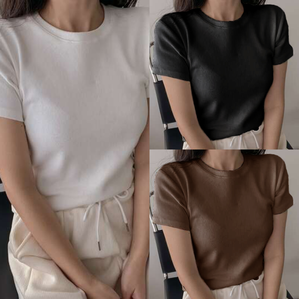 KILY PH Full Length Plain Shirt Round Neck T Shirt Basic Tops Cotton