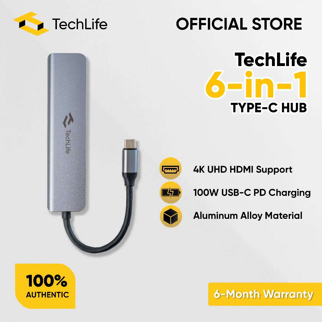 TechLife 6 In 1 Type C Hub 4K UHD HDMI Support Massive Storage