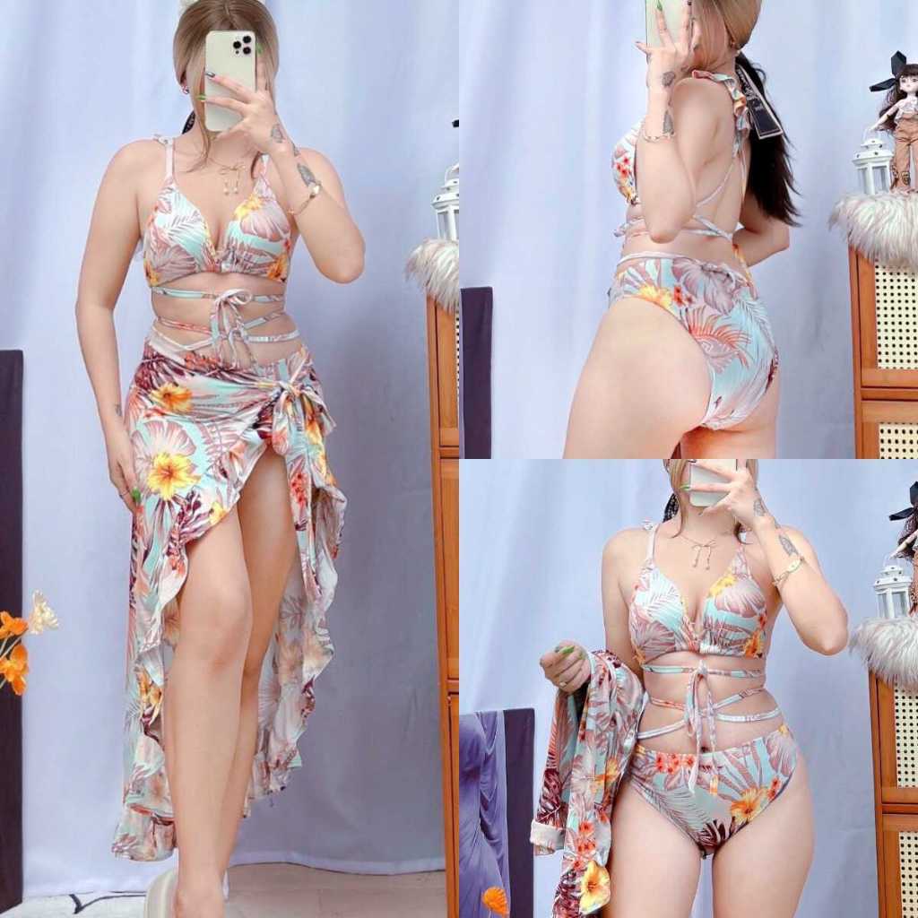 Summer Beach Sexy Split Skirt Three Piece 3in1 Bikini Swimsuit Swimwear