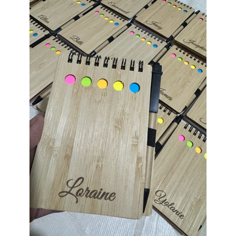 Personalized Mini Bamboo Notebook With Sticky Notes And Ballpen Handy