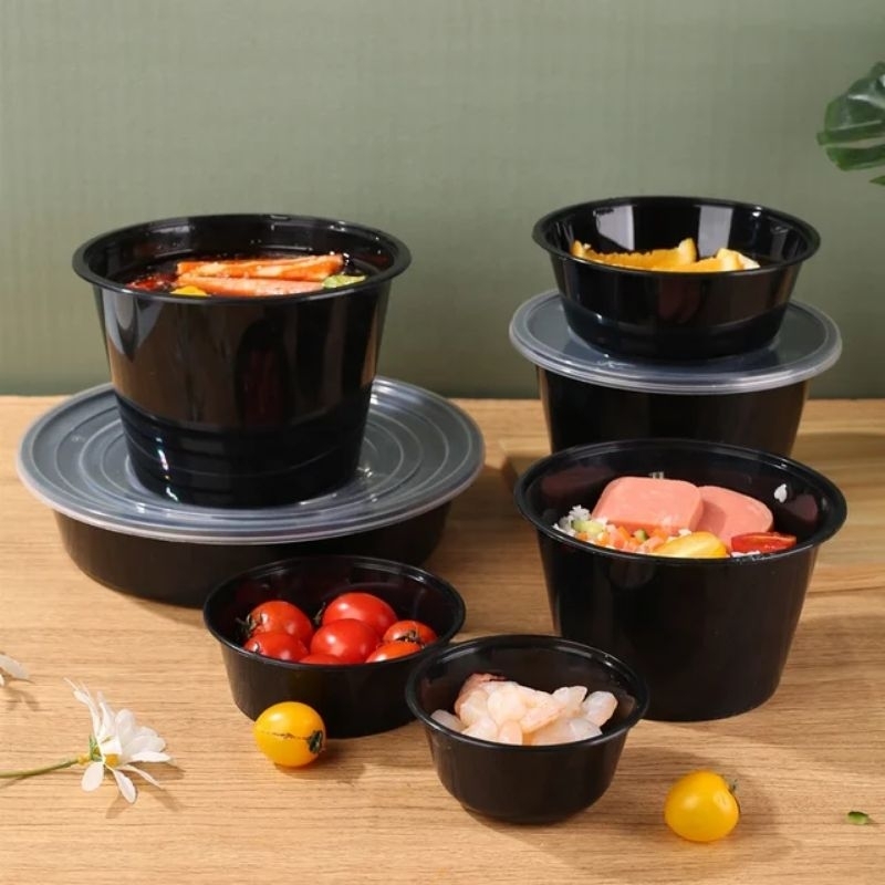 Black Round Microwavable Pcs Food Container For Ramen Rice Meals