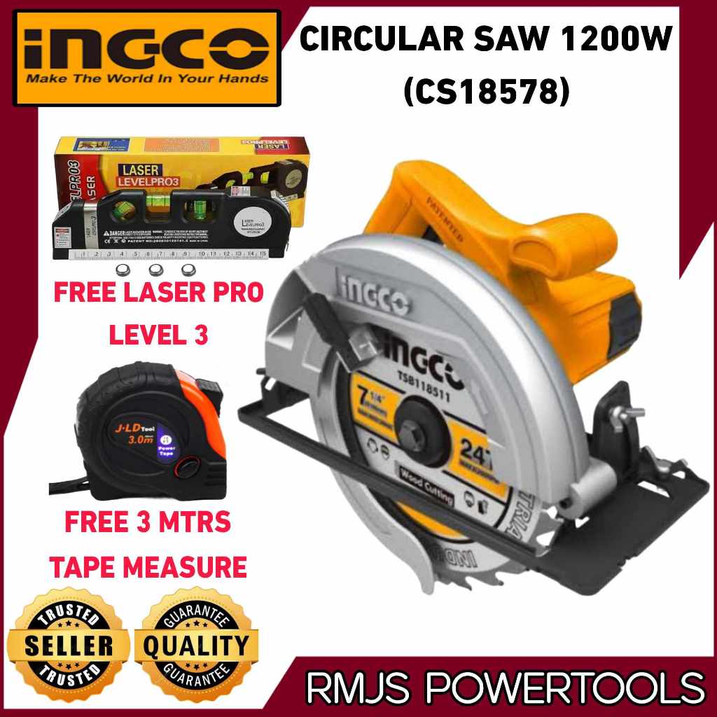 INGCO Circular Saw 7 1 4 1200w CS18578 With Laser Pro Level 3 Tape