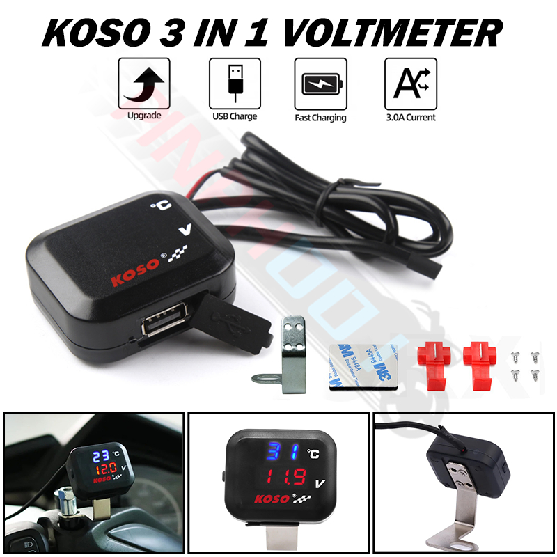 KOSO 3 In 1 Motorcycle Voltmeter Thermometer With Quick Charging USB