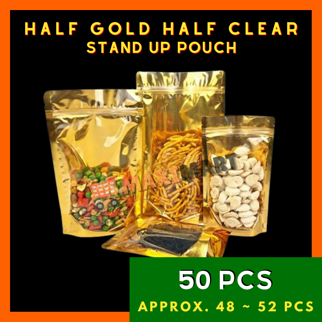 50pc Half GOLD Clear Stand Up Pouch Zip Lock Plastic Packaging Ziplock