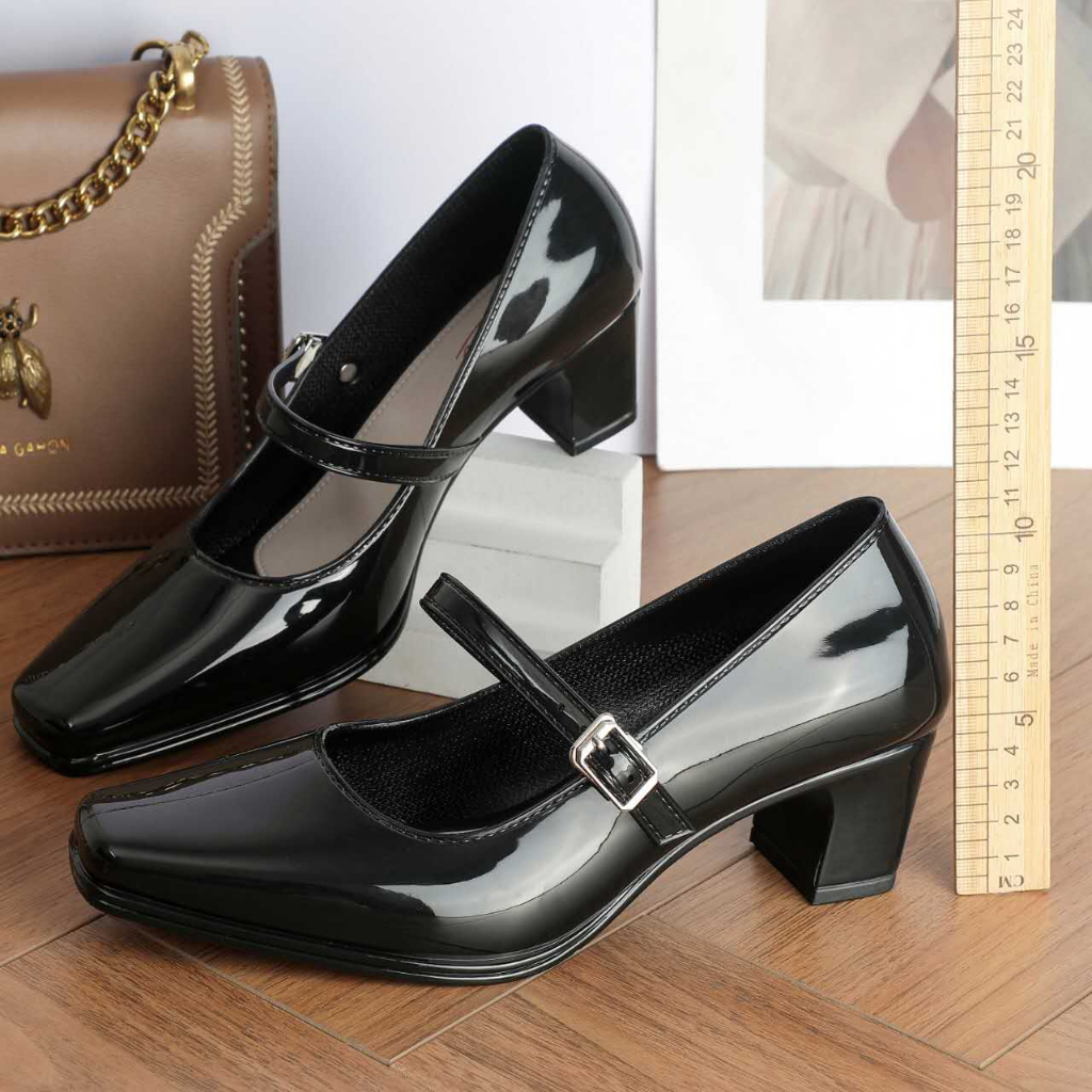 Fashion Office Formal Work Black Glossy Shoes Pointed Black Heels Shoes