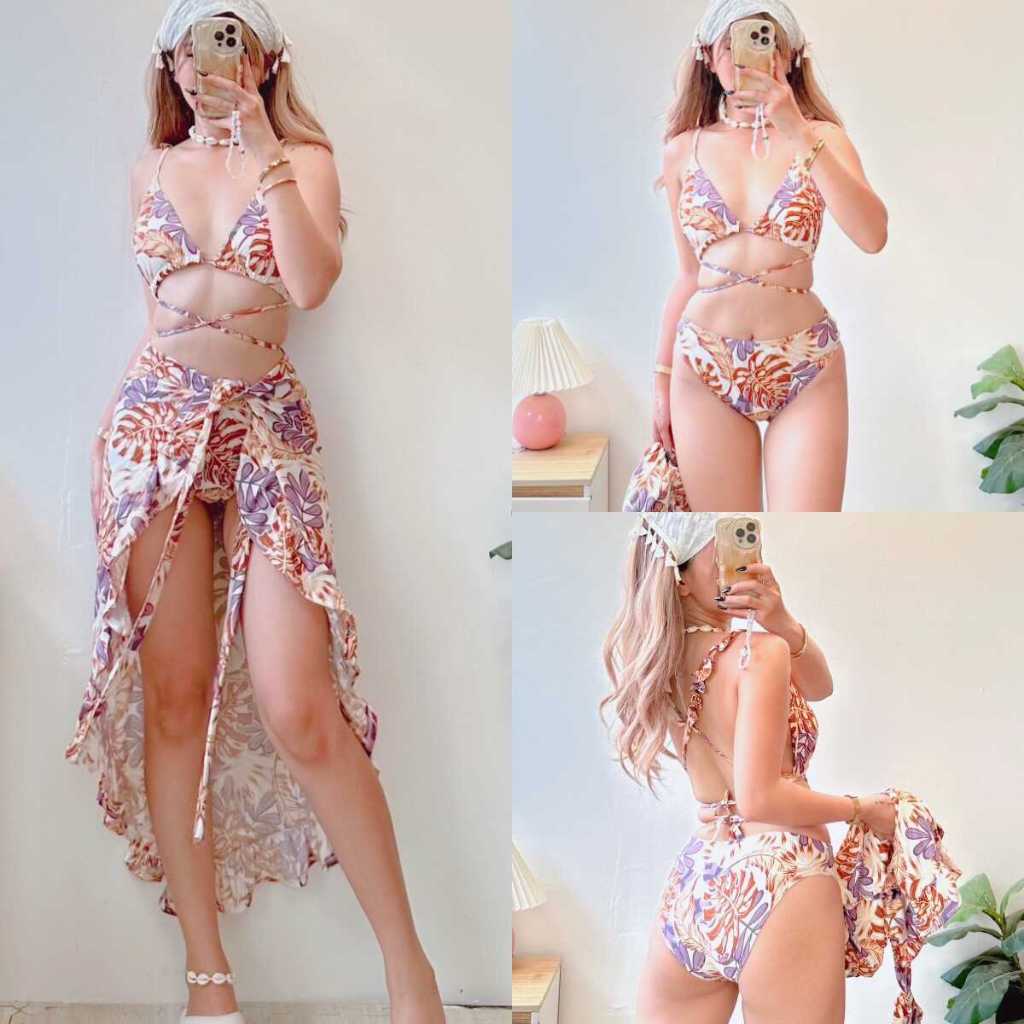 PP Summer Beach Sexy Split Skirt Three Piece Bikini Swimsuit Swimwear