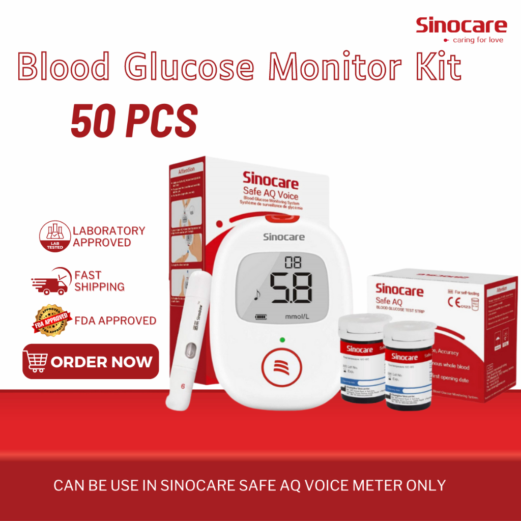 Sinocare Safe AQ Voice Blood Glucose Meter With 50pcs Test Strips And