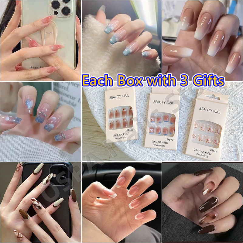 Trend Pcs Fake Nails Set With Glue Long Nails French Nail Care