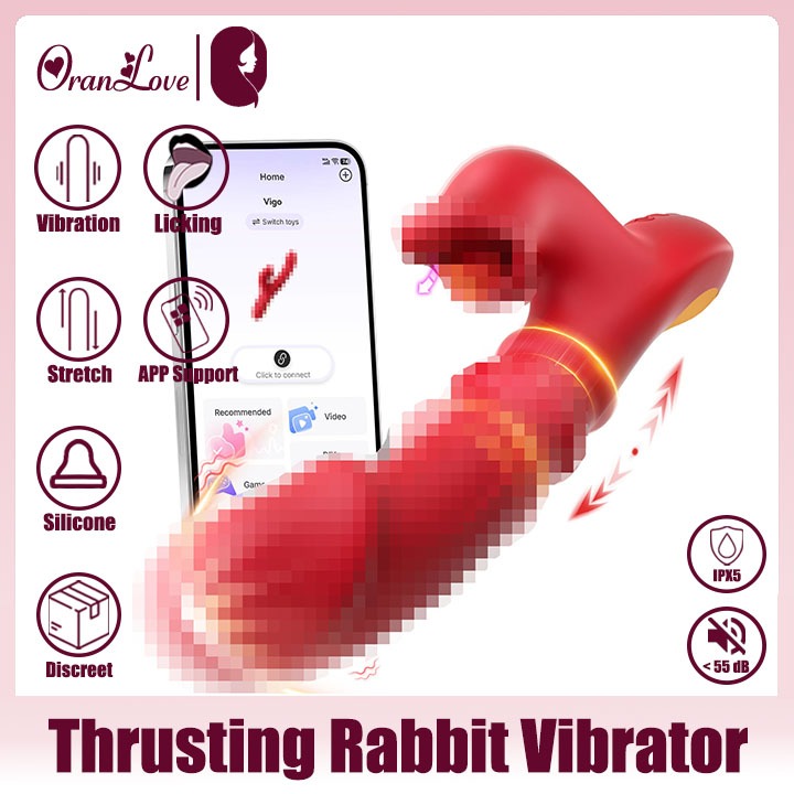 APP Control Thrusting Dildo Rabbit Vibrator With Sliding Ring Thrusting Licking