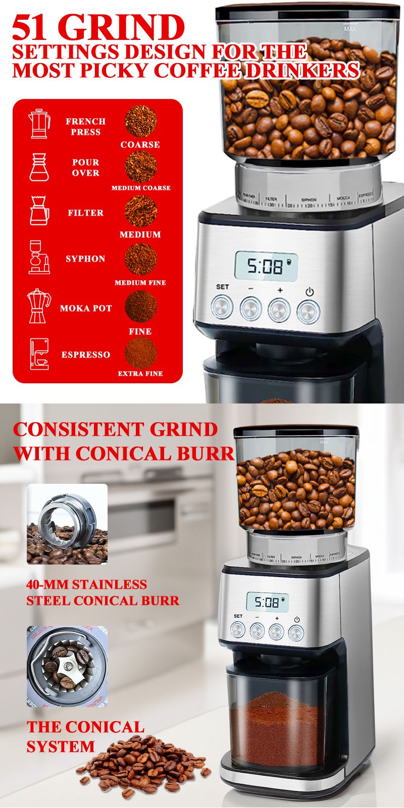 Lahome Electric Conical Burr Coffee Bean Grinder Auto Coffee Bean