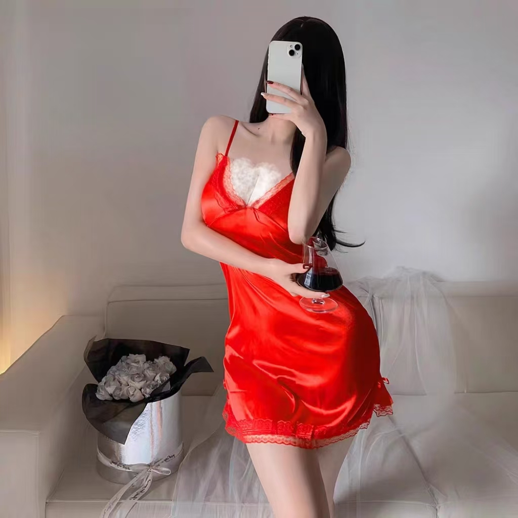 COD Silk Sexy Nightdress Women Lingerie Red Lace Pajamas Sex Dress For
