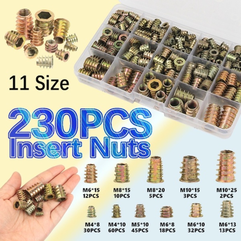 230PCS 11 Sizes Assortment Insert Nuts Kit M4 M5 M6 M8 M10 Hex Drive