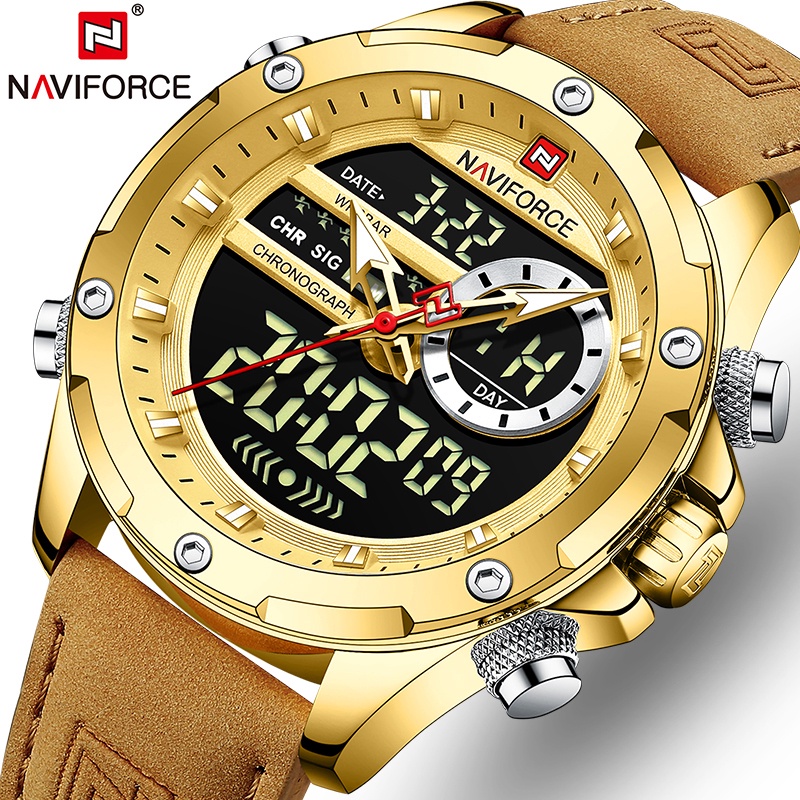 NAVIFORCE Men Watch Brand Fashion Business Chrono Dual Display Leather