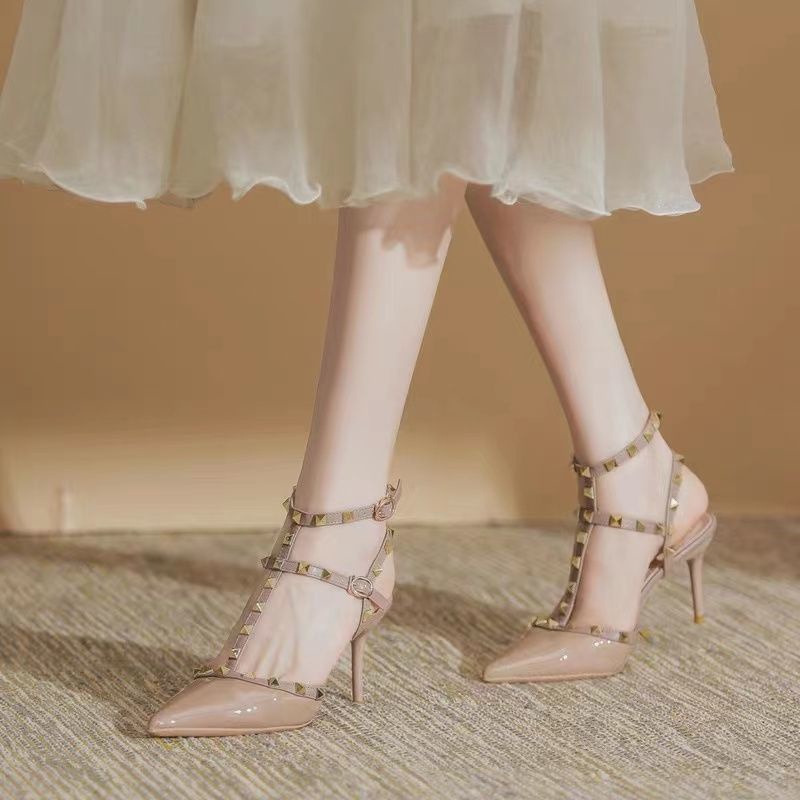 Pointed Toe Versatile Rivets Nude High Heels Women Stiletto Heel