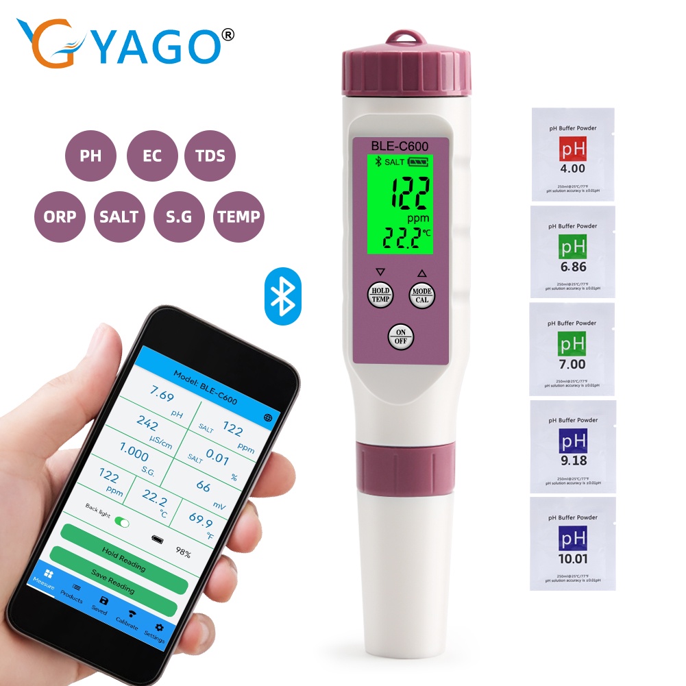 YAGO Smart Bluetooth PH Meter PH Tester With ATC 7 In 1 PH TDS EC ORP