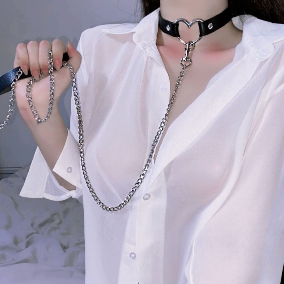 Women Sexy Harajuku PU Leather Chain Heart Pendant Necklaces Women Men