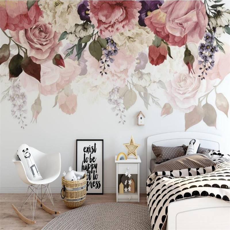 Custom Hand Painted Garden Rose Flower Mural Wallpapers For Living Room