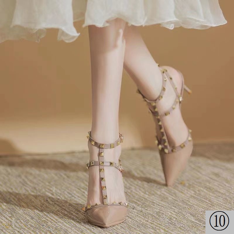 Pointed Toe Versatile Rivets Nude High Heels Women Stiletto Heel 2022