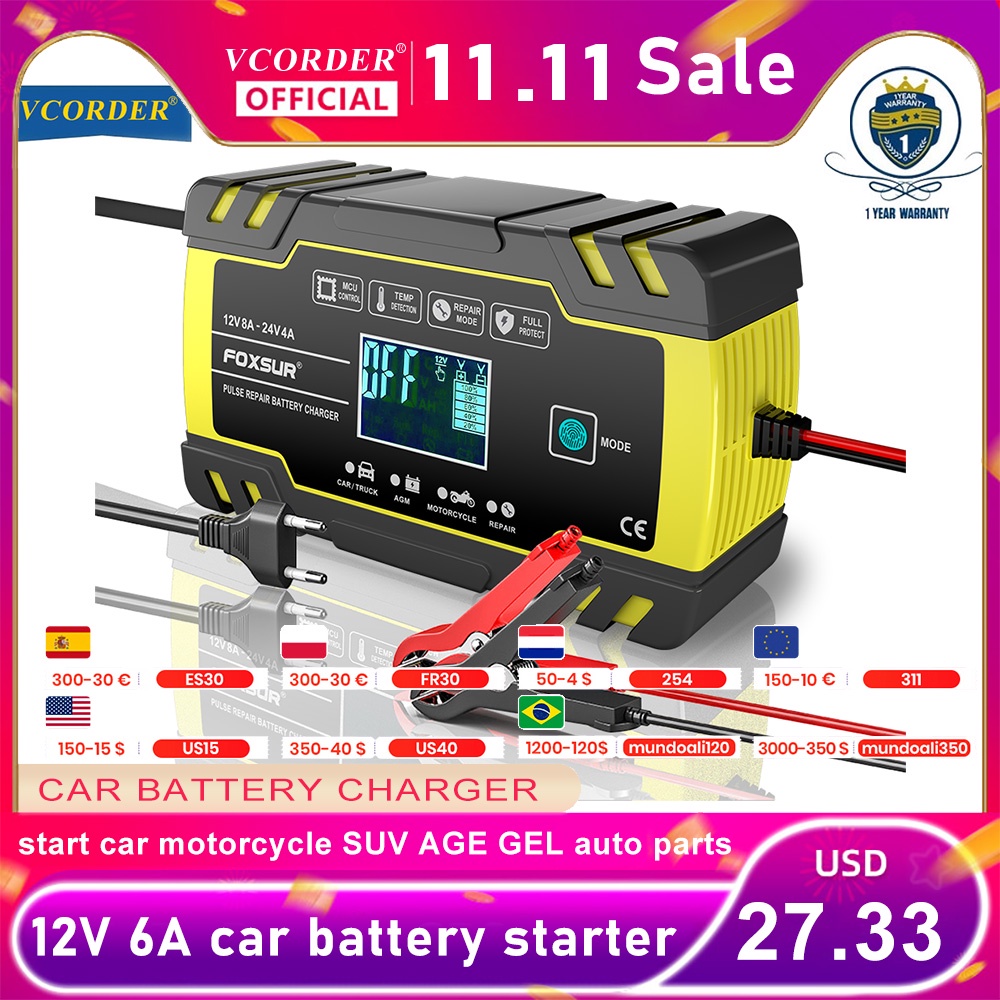 Foxsur 12v 24v 8a Automatic Battery Charger 3 Stage Pulse Repair Lcd