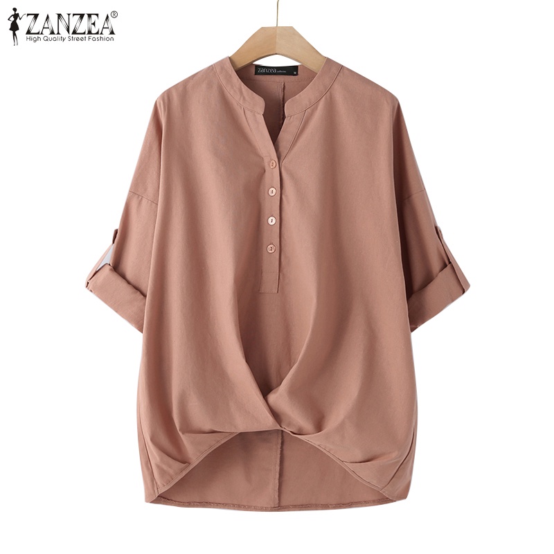 ZANZEA Women European Commuting Stand Collar Long Sleeve Hem Pleated