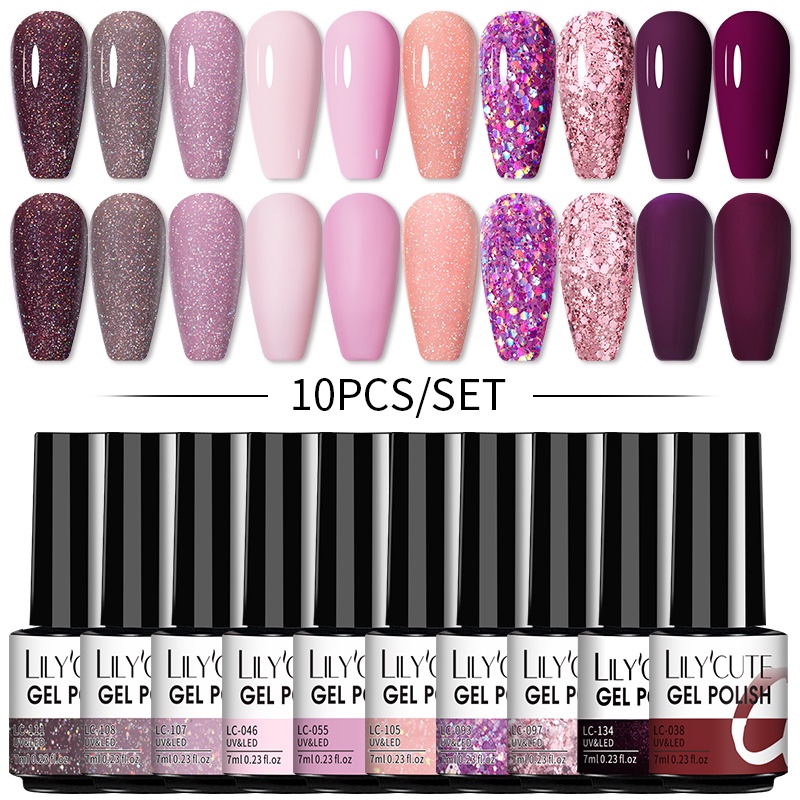 LILYCUTE 10pcs Set Nail Polish Set Nude Glitter Spring Vernis Semi