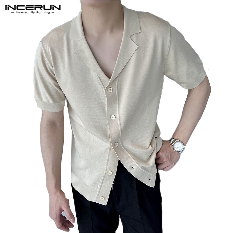 Incerun Mens Summer Short Sleeve Solid Color Button Down V Neck Kimonos