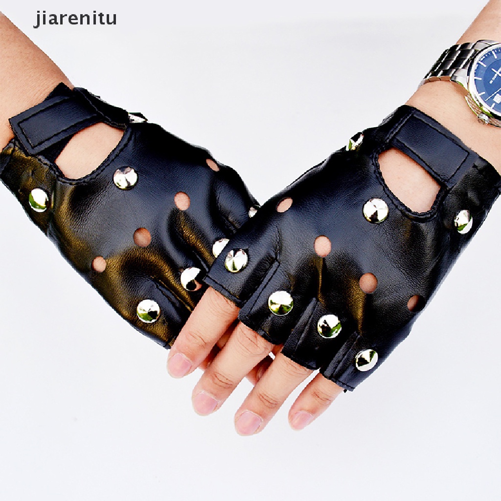 Jia Unisex Fingerless Driving PU Leather Gloves Motor Cool Rivet Disco